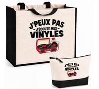 Otshirt Ensemble Cabas et Trousse Vinyles J'peux pas | Sac Coton et Jute 21 L avec Trousse Zippée 3 L Assortie | Anses 60 cm | Idée Cadeau Collectionneur et Collectionneuse de Vinyles Noël Merci