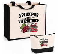 Otshirt Ensemble Cabas et Trousse Viticultrice J'peux pas | Sac Coton et Jute 21 L avec Trousse Zippée 3 L Assortie | Anses 60 cm | Idée Cadeau Vigneron Vigneronne Noël Merci