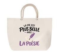 Otshirt Grand Sac Cabas Beige La vie est plus belle avec la poésie | modèle 2 | Coton 23 L Anses en Corde 65 cm | Plage Marché W nd Sport | Idée Cadeau Poète Poétesse Noël Merci