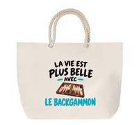 Otshirt Grand Sac Cabas Beige La vie est plus belle avec le backgammon | Coton 23 L Anses en Corde 65 cm | Plage Marché W nd Sport | Idée Cadeau Noël Merci