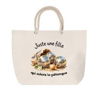 Otshirt Grand Sac Cabas Beige Pétanque Une Fille | Coton 23 L Anses en Corde 65 cm | Plage Marché W nd Sport | Idée Cadeau Joueuse de Pétanque Noël Merci