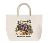 Otshirt Grand Sac Cabas Beige Soudeuse Une Fille | Coton 23 L Anses en Corde 65 cm | Plage Marché W nd Sport | Idée Cadeau Noël Merci