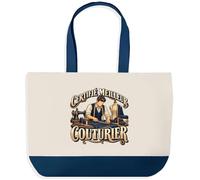Otshirt Grand Sac Cabas Fond Bleu Certifié meilleur couturier | Toile Coton 27 L Poche Intérieure Anses 64 cm | Courses Shopping Plage | Idée Cadeau Artisan Noël