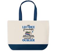 Otshirt Grand Sac Cabas Fond Bleu Lecture Formidable | Toile Coton 27 L Poche Intérieure Anses 64 cm | Courses Shopping Plage | Idée Cadeau Lectrice Noël