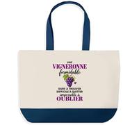 Otshirt Grand Sac Cabas Fond Bleu Vigne Formidable | Toile Coton 27 L Poche Intérieure Anses 64 cm | Courses Shopping Plage | Idée Cadeau Vigneronne Noël