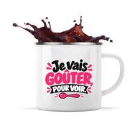 Otshirt Mug Métal Émaillé Je vais goûter, pour voir. Expressions Françaises | rose | Tasse de Camping 300 ml Recto Verso Passe au Lave-Vaisselle | Randonnée Bivouac Bureau