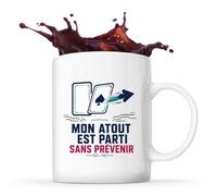 Otshirt Mug Mon Atout est Parti Sans Prévenir | Tasse Céramique 330 ml Recto Verso Passe au Lave-Vaisselle | Café Thé Bureau Maison | Idée Cadeau Joueur et Joueuse de Belote Collègue Noël Départ