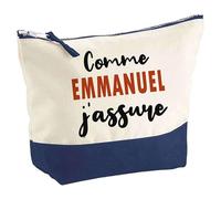 Otshirt Pochette comme Emmanuel J'assure - Pouch - Idée Trousse Bleue Grand Format Personnalisable Cadeau Anniversaire Fête Original Famille Travail Départ Collègue Retraite Noël.