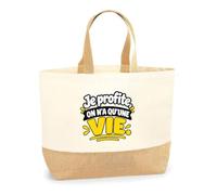 Otshirt Sac Cabas Fond Jute Je profite, on n'a qu'une vie. Expressions Françaises | modèle 1 | Coton Lourd 18 L 48 × 37 × 13 cm Fond Large | Marché Shopping Plage | Idée Cadeau Noël Crémaillère