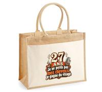 Otshirt Sac Cabas Jute avec Poche 27 Ans, Je Ne Perds Pas Mes Cheveux, Je Gagne du Visage | Toile Jute et Coton 21 L Fond Plat Anses 65 cm | Marché Courses Plage | Idée Cadeau Maîtresse Noël