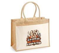 Otshirt Sac Cabas Jute avec Poche 45 Ans, Je Ne Perds Pas Mes Cheveux, Je Gagne du Visage | Toile Jute et Coton 21 L Fond Plat Anses 65 cm | Marché Courses Plage | Idée Cadeau Maîtresse Noël