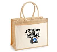 Otshirt Sac Cabas Jute avec Poche Agent de Sécurité J'peux pas | Toile Jute et Coton 21 L Fond Plat Anses 65 cm | Marché Courses Plage | Idée Cadeau Vigile Maîtresse Noël