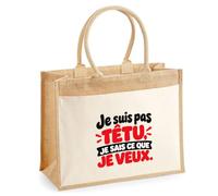 Otshirt Sac Cabas Jute avec Poche Je suis pas têtu, je sais ce que je veux. Expressions Françaises | Toile Jute et Coton 21 L Fond Plat Anses 65 cm | Marché Courses Plage | Idée Cadeau Maîtresse Noël