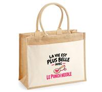 Otshirt Sac Cabas Jute avec Poche La vie est plus belle avec le punch needle | Toile Jute et Coton 21 L Fond Plat Anses 65 cm | Marché Courses Plage | Idée Cadeau Maîtresse Noël