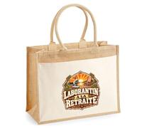 Otshirt Sac Cabas Jute avec Poche Laborantin à la Retraite | Toile Jute et Coton 21 L Fond Plat Anses 65 cm | Marché Courses Plage | Idée Cadeau Maîtresse Noël