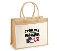 Otshirt Sac Cabas Jute avec Poche Manageuse J'peux pas | Toile Jute et Coton 21 L Fond Plat Anses 65 cm | Marché Courses Plage | Idée Cadeau Chef et Cheffe D'Équipe Maîtresse Noël