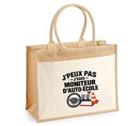 Otshirt Sac Cabas Jute avec Poche Moniteur d'Auto-École J'peux pas | Toile Jute et Coton 21 L Fond Plat Anses 65 cm | Marché Courses Plage | Idée Cadeau Maîtresse Noël