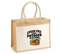 Otshirt Sac Cabas Jute avec Poche Potager J'peux pas | Toile Jute et Coton 21 L Fond Plat Anses 65 cm | Marché Courses Plage | Idée Cadeau Jardinier Jardinière Maîtresse Noël