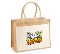 Otshirt Sac Cabas Jute avec Poche Team barman | Toile Jute et Coton 21 L Fond Plat Anses 65 cm | Marché Courses Plage | Idée Cadeau Maîtresse Noël