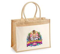 Otshirt Sac Cabas Jute avec Poche Team méditation | modèle 1 | Toile Jute et Coton 21 L Fond Plat Anses 65 cm | Marché Courses Plage | Idée Cadeau Maîtresse Noël