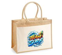 Otshirt Sac Cabas Jute avec Poche Team surf | Toile Jute et Coton 21 L Fond Plat Anses 65 cm | Marché Courses Plage | Idée Cadeau Surfeur Surfeuse Maîtresse Noël