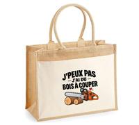 Otshirt Sac Cabas Jute avec Poche Tronçonneuse J'peux pas | Toile Jute et Coton 21 L Fond Plat Anses 65 cm | Marché Courses Plage | Idée Cadeau Bûcheron Bûcheronne Maîtresse Noël