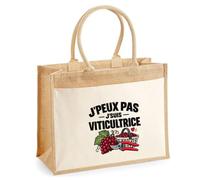 Otshirt Sac Cabas Jute avec Poche Viticultrice J'peux pas | Toile Jute et Coton 21 L Fond Plat Anses 65 cm | Marché Courses Plage | Idée Cadeau Vigneron Vigneronne Maîtresse Noël