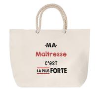 Otshirt Sac de Plage Ma Maitresse C'est la plus forte - Beach Bag - Idée Sac de Plage Cadeau Anniversaire Fête Original Famille Travail Départ Collègue Retraite Noël.