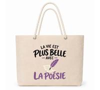 Otshirt Sac Isotherme La vie est plus belle avec la poésie | modèle 2 | Grand Cabas 23 L Coton Doublure Aluminium Zippé | Pique-Nique Courses Plage | Idée Cadeau Poète Poétesse Noël Merci