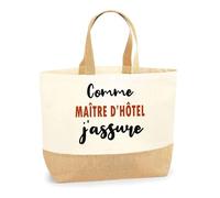 Otshirt Sac Jute Comme Maître d'hôtel J'assure - Cabas de Plage Courses et Toile de Jute - Idée Cadeau Femme Personnalisable Anniversaire Fête Original Travail Départ Collègue Retraite Noël.