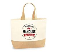 Otshirt Sac Jute de la Meilleure Mamoune du monde 1- Cabas de Plage Courses et Toile de Jute - Idée Cadeau Femme Personnalisable Anniversaire Fête Original Travail Départ Collègue Retraite Noël.