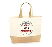 Otshirt Sac Jute de la Meilleure Nina du monde 1- Cabas de Plage Courses et Toile de Jute - Idée Cadeau Femme Personnalisable Anniversaire Fête Original Travail Départ Collègue Retraite Noël.