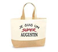 Otshirt Sac Jute d'un Super Augustin - Cabas de Plage Courses et Toile de Jute - Idée Cadeau Femme Personnalisable Anniversaire Fête Original Travail Départ Collègue Retraite Noël.