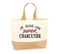 Otshirt Sac Jute d'un Super Charcutier - Cabas de Plage Courses et Toile de Jute - Idée Cadeau Femme Personnalisable Anniversaire Fête Original Travail Départ Collègue Retraite Noël.