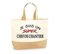 Otshirt Sac Jute d'un Super Chef de chantier - Cabas de Plage Courses et Toile de Jute - Idée Cadeau Femme Personnalisable Anniversaire Fête Original Travail Départ Collègue Retraite Noël.