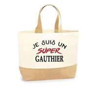 Otshirt Sac Jute d'un Super Gauthier - Cabas de Plage Courses et Toile de Jute - Idée Cadeau Femme Personnalisable Anniversaire Fête Original Travail Départ Collègue Retraite Noël.