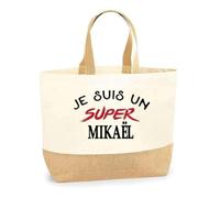 Otshirt Sac Jute d'un Super Mikaël - Cabas de Plage Courses et Toile de Jute - Idée Cadeau Femme Personnalisable Anniversaire Fête Original Travail Départ Collègue Retraite Noël.