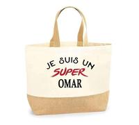 Otshirt Sac Jute d'un Super Omar - Cabas de Plage Courses et Toile de Jute - Idée Cadeau Femme Personnalisable Anniversaire Fête Original Travail Départ Collègue Retraite Noël.