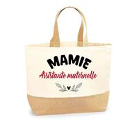 Otshirt Sac Jute d'une Mamie Assistante maternelle - Cabas de Plage Courses et Toile de Jute - Idée Cadeau Femme Personnalisable Anniversaire Fête Original Travail Départ Collègue Retraite Noël.