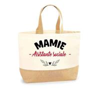 Otshirt Sac Jute d'une Mamie Assistante sociale - Cabas de Plage Courses et Toile de Jute - Idée Cadeau Femme Personnalisable Anniversaire Fête Original Travail Départ Collègue Retraite Noël.
