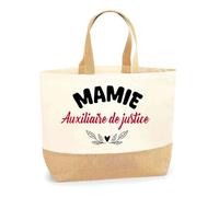 Otshirt Sac Jute d'une Mamie Auxiliaire de justice - Cabas de Plage Courses et Toile de Jute - Idée Cadeau Femme Personnalisable Anniversaire Fête Original Travail Départ Collègue Retraite Noël.
