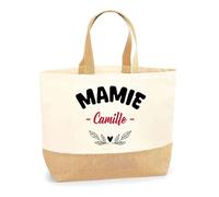 Otshirt Sac Jute d'une Mamie Camille - Cabas de Plage Courses et Toile de Jute - Idée Cadeau Femme Personnalisable Anniversaire Fête Original Travail Départ Collègue Retraite Noël.