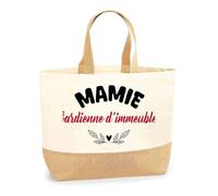 Otshirt Sac Jute d'une Mamie Gardienne d'immeuble - Cabas de Plage Courses et Toile de Jute - Idée Cadeau Femme Personnalisable Anniversaire Fête Original Travail Départ Collègue Retraite Noël.