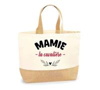 Otshirt Sac Jute d'une Mamie la cavalière - Cabas de Plage Courses et Toile de Jute - Idée Cadeau Femme Personnalisable Anniversaire Fête Original Travail Départ Collègue Retraite Noël.