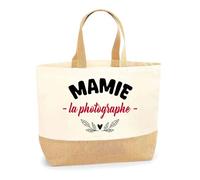 Otshirt Sac Jute d'une Mamie la photographe - Cabas de Plage Courses et Toile de Jute - Idée Cadeau Femme Personnalisable Anniversaire Fête Original Travail Départ Collègue Retraite Noël.