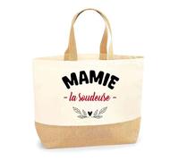 Otshirt Sac Jute d'une Mamie la soudeuse - Cabas de Plage Courses et Toile de Jute - Idée Cadeau Femme Personnalisable Anniversaire Fête Original Travail Départ Collègue Retraite Noël.
