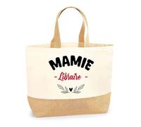 Otshirt Sac Jute d'une Mamie Libraire - Cabas de Plage Courses et Toile de Jute - Idée Cadeau Femme Personnalisable Anniversaire Fête Original Travail Départ Collègue Retraite Noël.