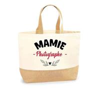 Otshirt Sac Jute d'une Mamie Photographe - Cabas de Plage Courses et Toile de Jute - Idée Cadeau Femme Personnalisable Anniversaire Fête Original Travail Départ Collègue Retraite Noël.