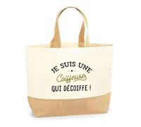 Otshirt Sac Jute Une Coiffeuse qui décoiffe | Cabas de Plage Courses Coton et Toile de Jute | Idée Cadeau Coiffeuse Humour Jeu de Mots Cheveux Coupe Salon Original Drôle