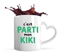 Otshirt Tasse Cœur C’est parti mon kiki | Mug | Idée Tasse Personnalisable en forme de Cœur Cadeau Anniversaire Fête Original Famille Travail Départ Collègue Retraite Noël.